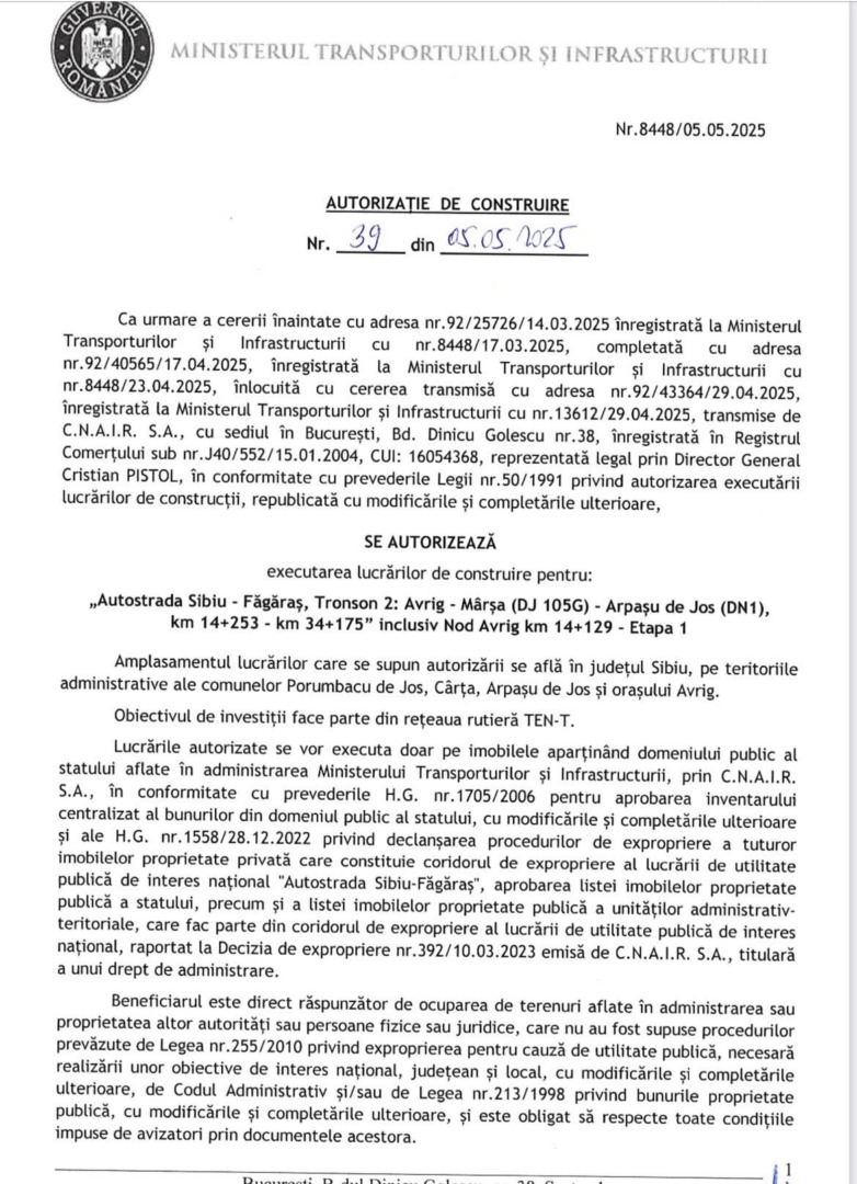 Autostrada Sibiu - Fagaras - Autorizatie de Cosntruire Tronsonul 2- Avrig – Mârșa (DJ105G) – Arpașu de Jos (DN1)